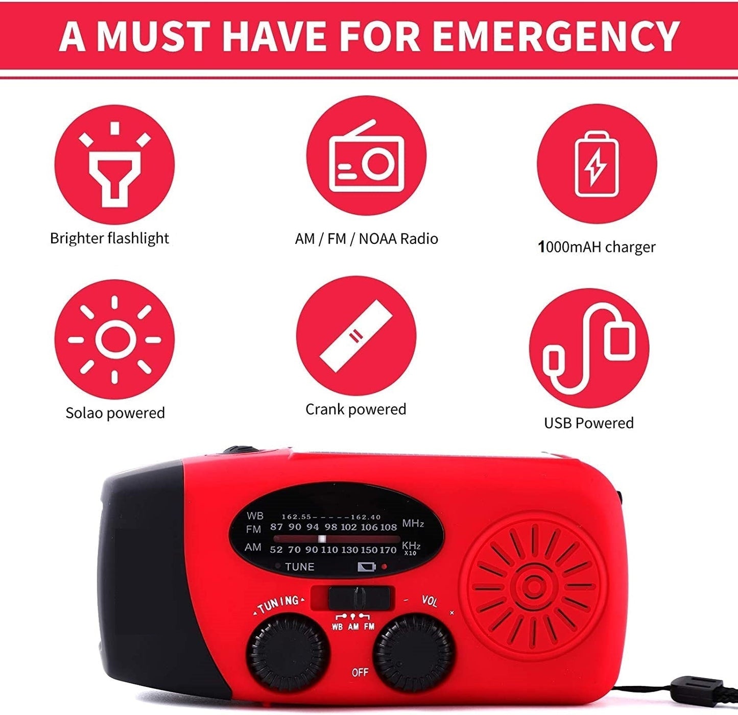 Portable Emergency Solar Hand Crank Radio with NOAA Weather Alerts