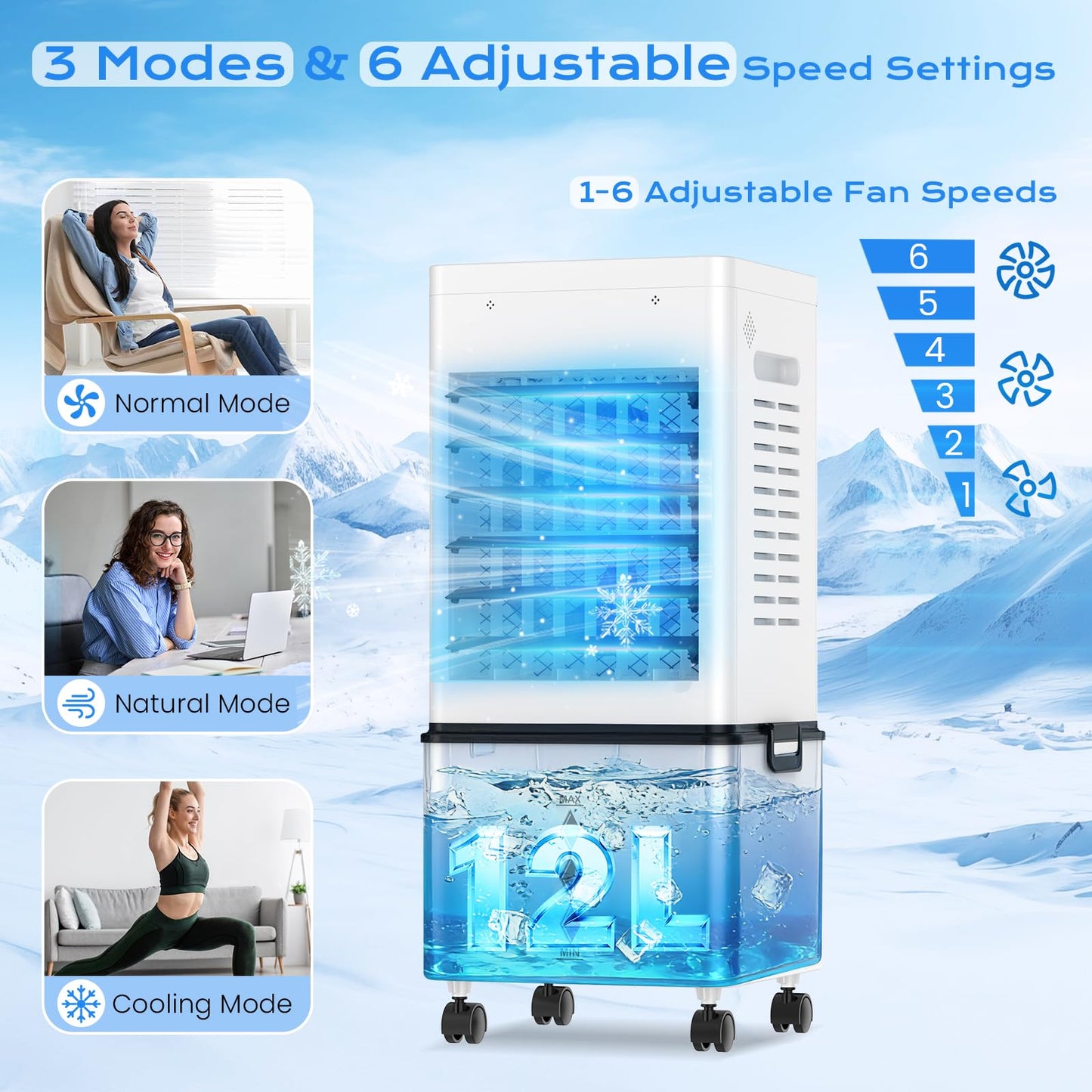 Portable Evaporative Air Cooler for Home, 12L Tank & Timer