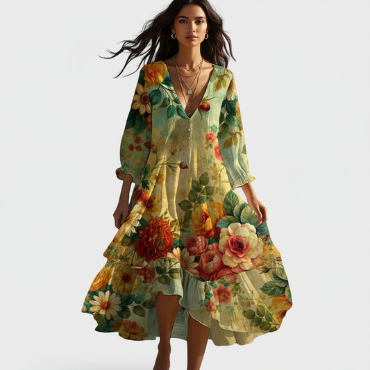 Women's Floral Long Sleeve Midi Dress