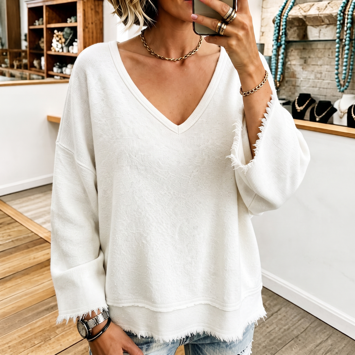 Raw-Hem Garment-Washed V-Neck Sweatshirt