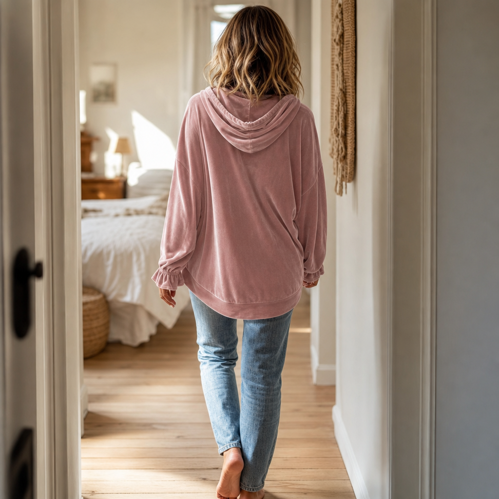Relaxed Velvet Hoodie with Ruffle Cuffs
