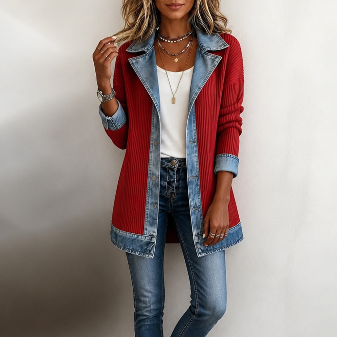 Ribbed Knit Coat with Denim Panels
