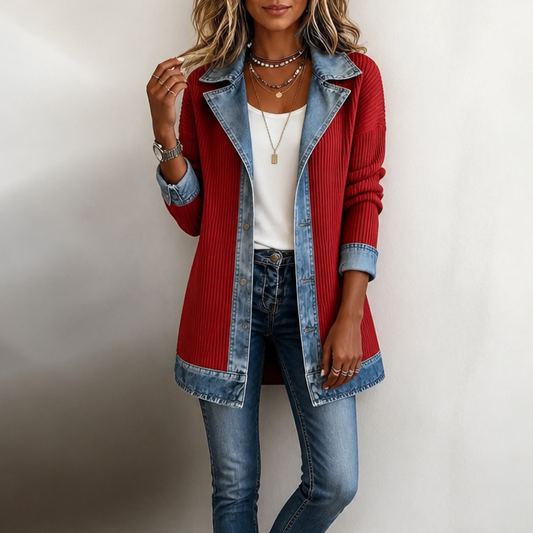 Ribbed Knit Coat with Denim Panels