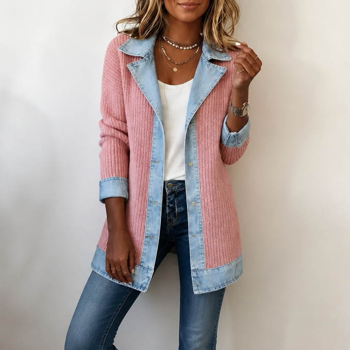 Ribbed Knit Coat with Denim Panels