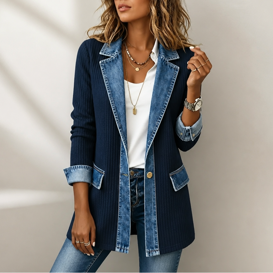 Ribbed Knit Coat with Denim Panels