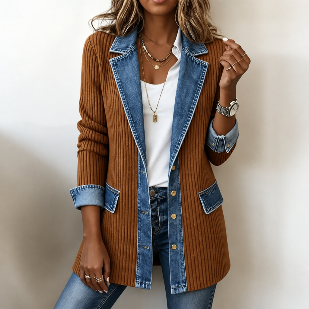 Ribbed Knit Coat with Denim Panels