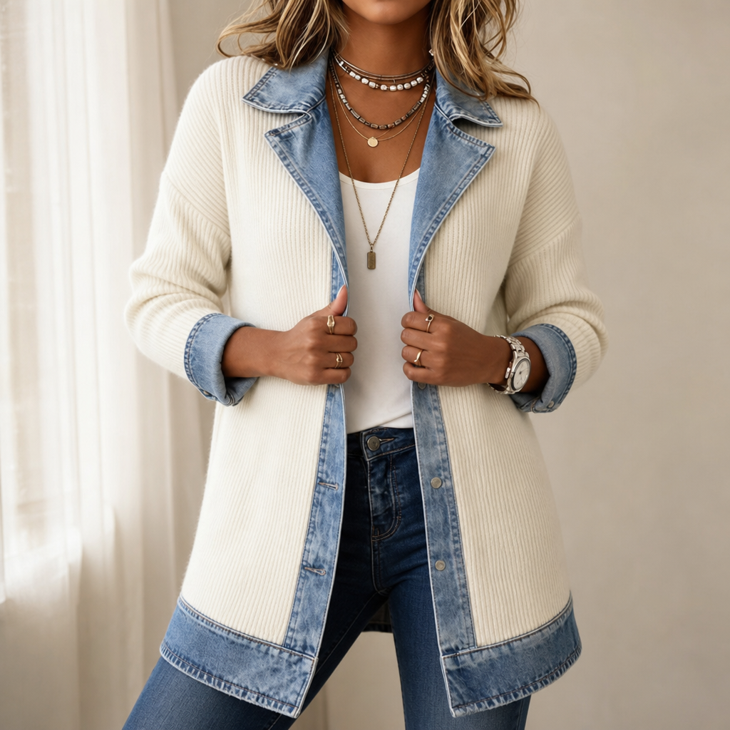 Ribbed Knit Coat with Denim Panels