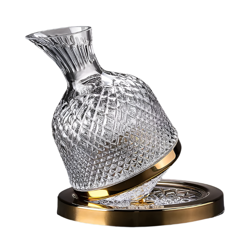 Rotating Crystal Decanter at a High Level – luxurious and elegant design – rotating function for better aeration – ideal for whiskey and other spirits – made of high-quality crystal – a unique addition to the table