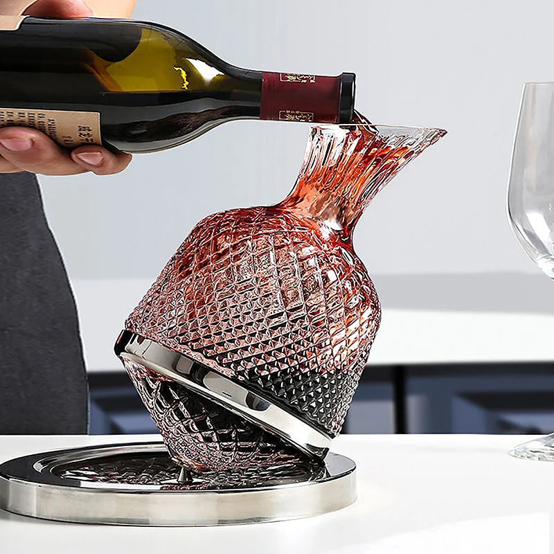 Rotating Crystal Decanter at a High Level – luxurious and elegant design – rotating function for better aeration – ideal for whiskey and other spirits – made of high-quality crystal – a unique addition to the table