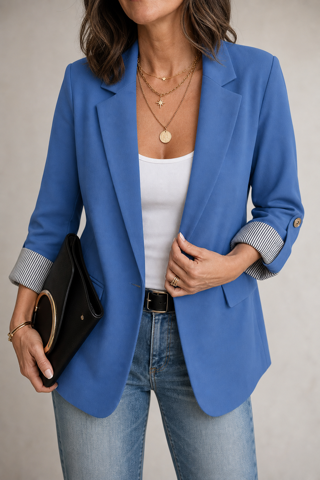 Striped-Cuff Roll-Sleeve Tailored Blazer