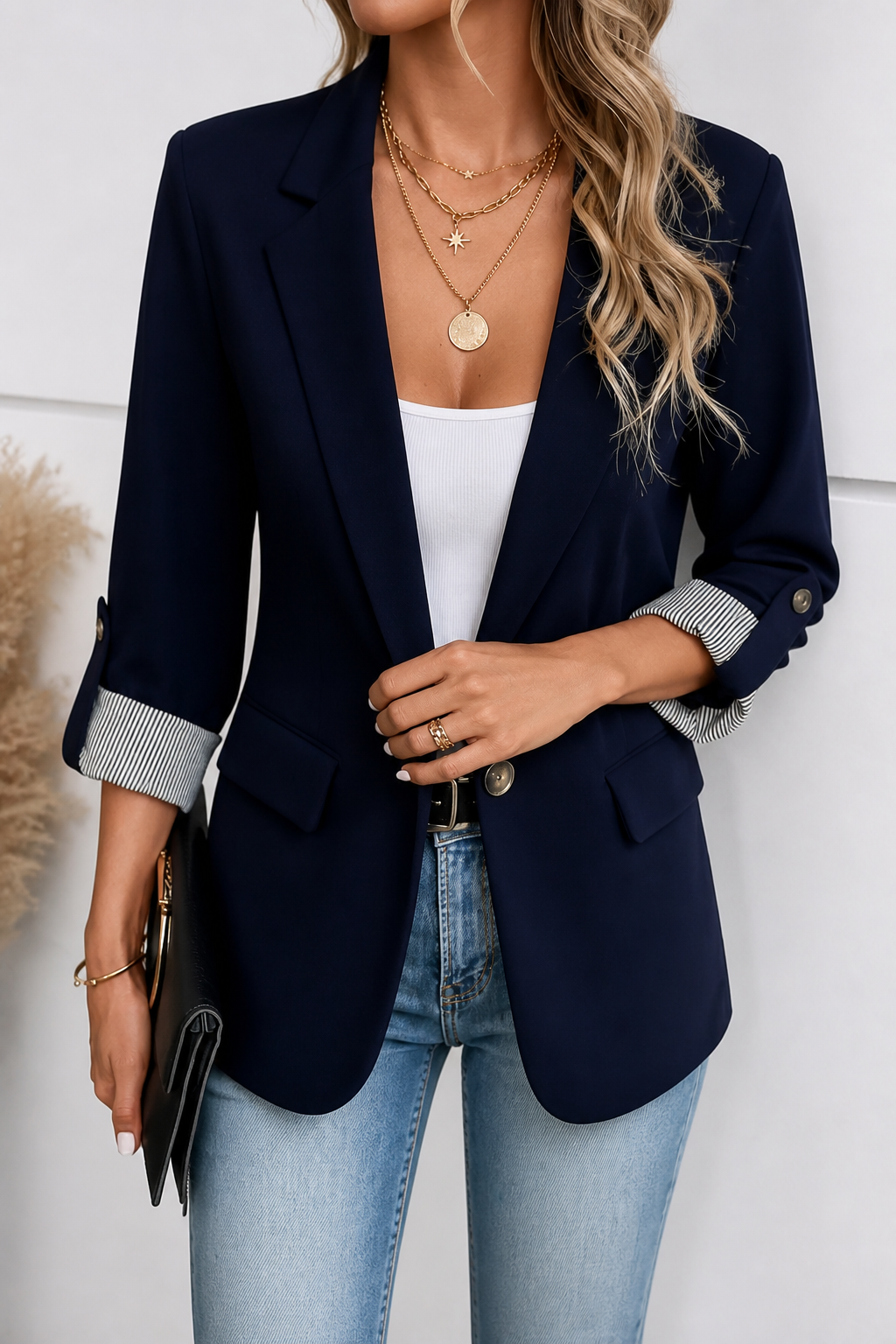 Striped-Cuff Roll-Sleeve Tailored Blazer
