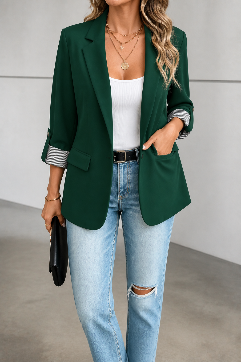 Striped-Cuff Roll-Sleeve Tailored Blazer