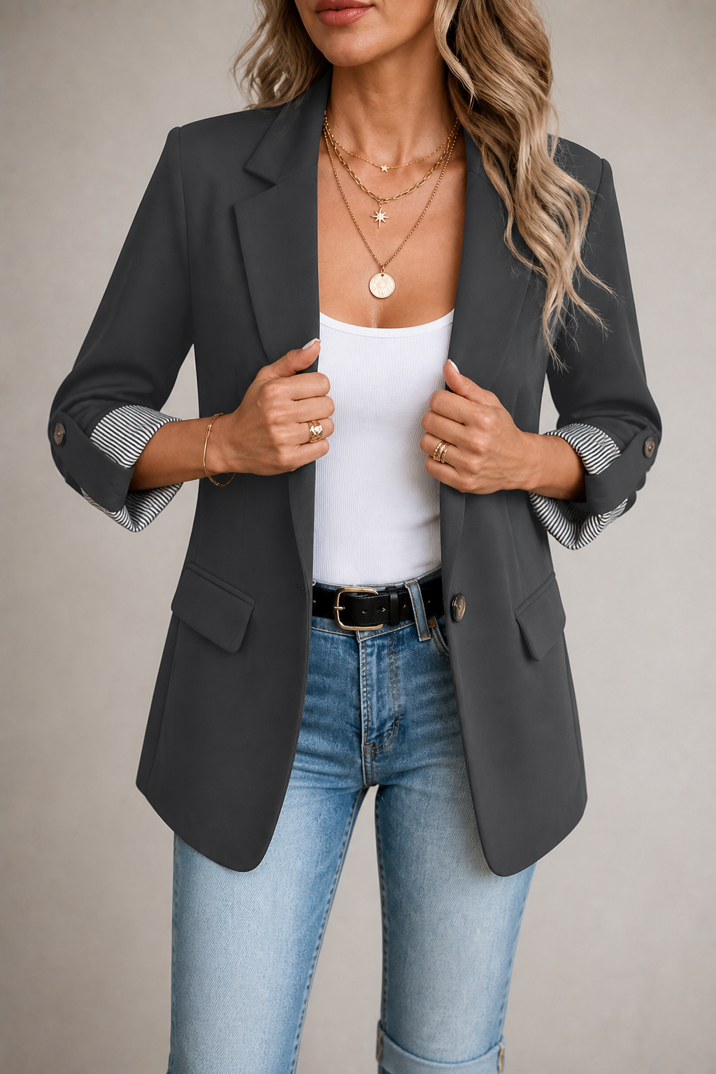 Striped-Cuff Roll-Sleeve Tailored Blazer