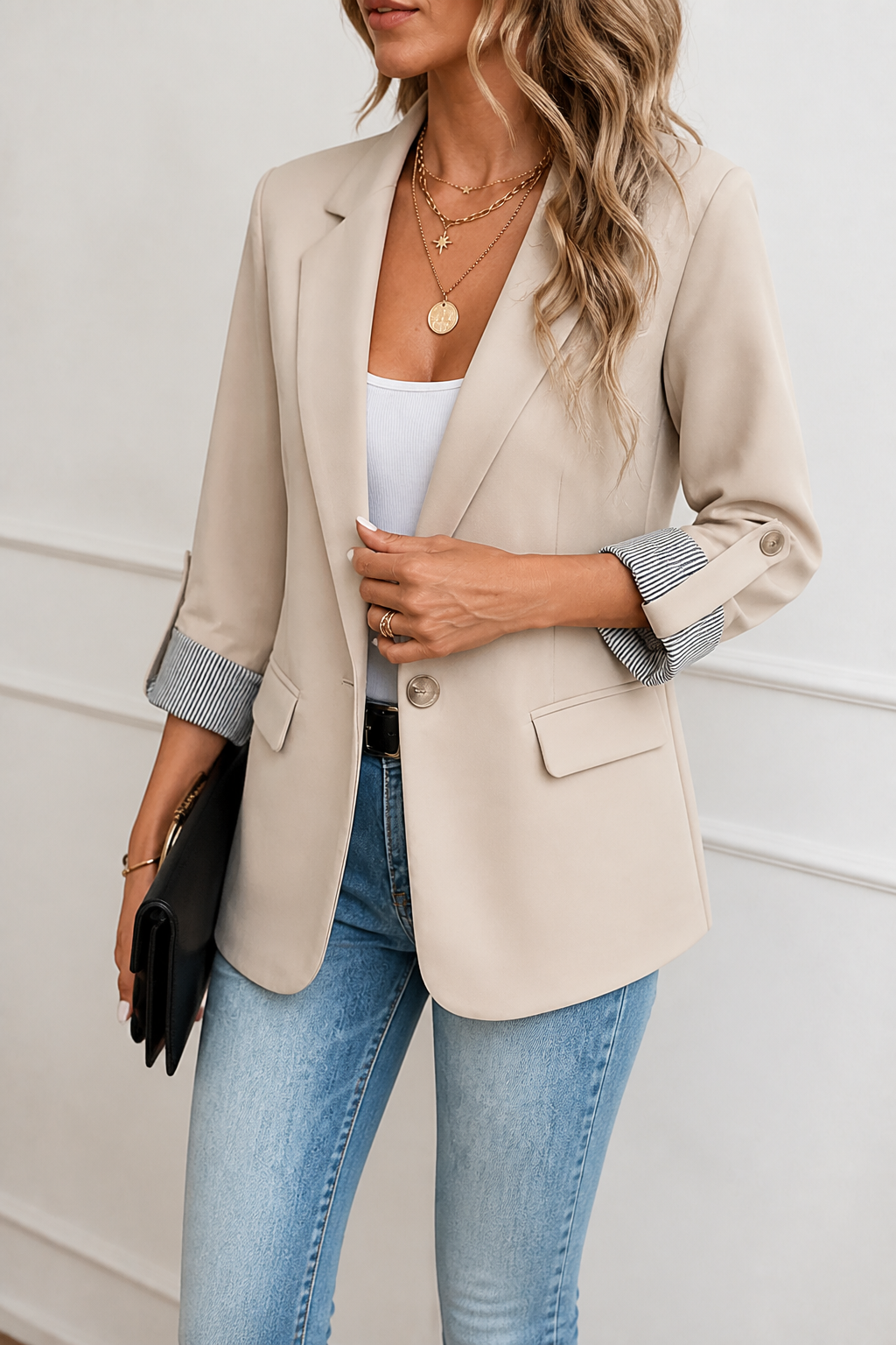Striped-Cuff Roll-Sleeve Tailored Blazer