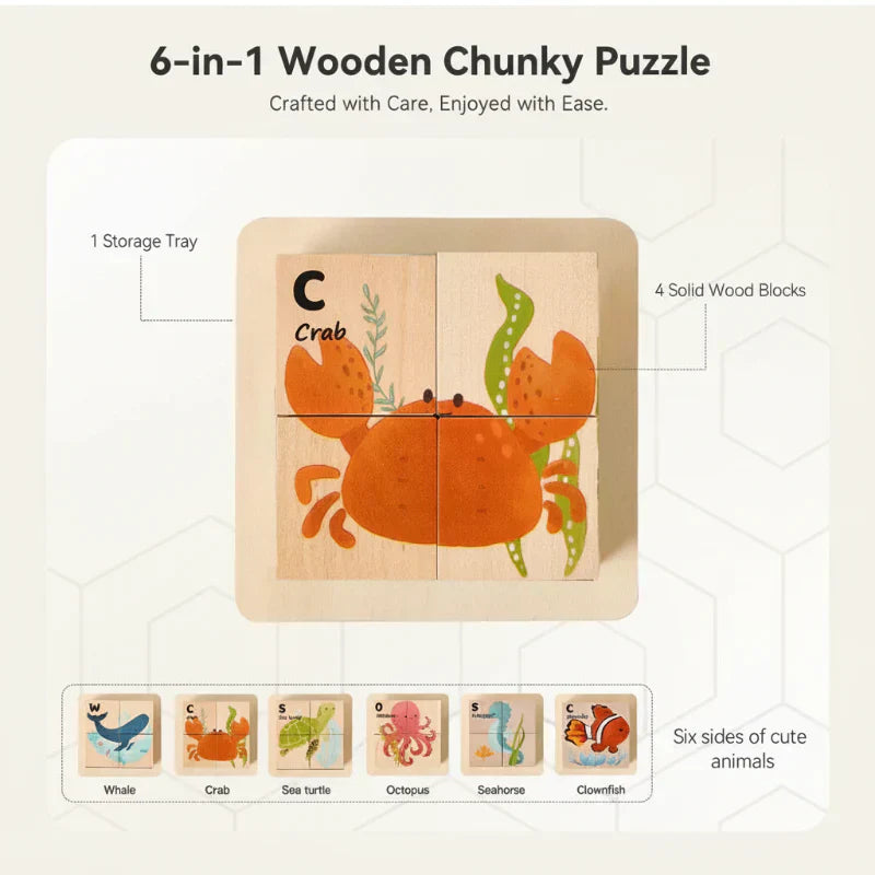 Unisex Montessori Animal Wooden Puzzle 6-in-1