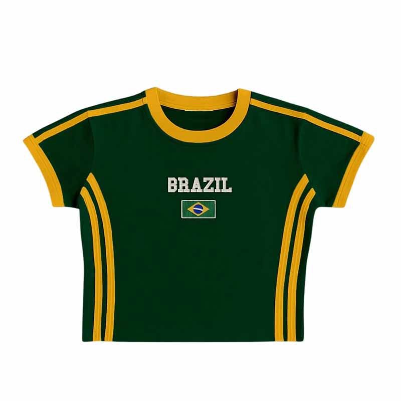 Unisex Retro Slim Fit Sporty Short Sleeve T-Shirt with Flag Motif