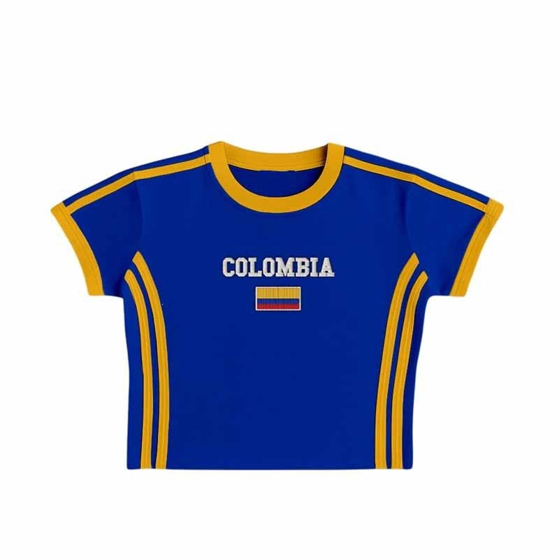 Unisex Retro Slim Fit Sporty Short Sleeve T-Shirt with Flag Motif