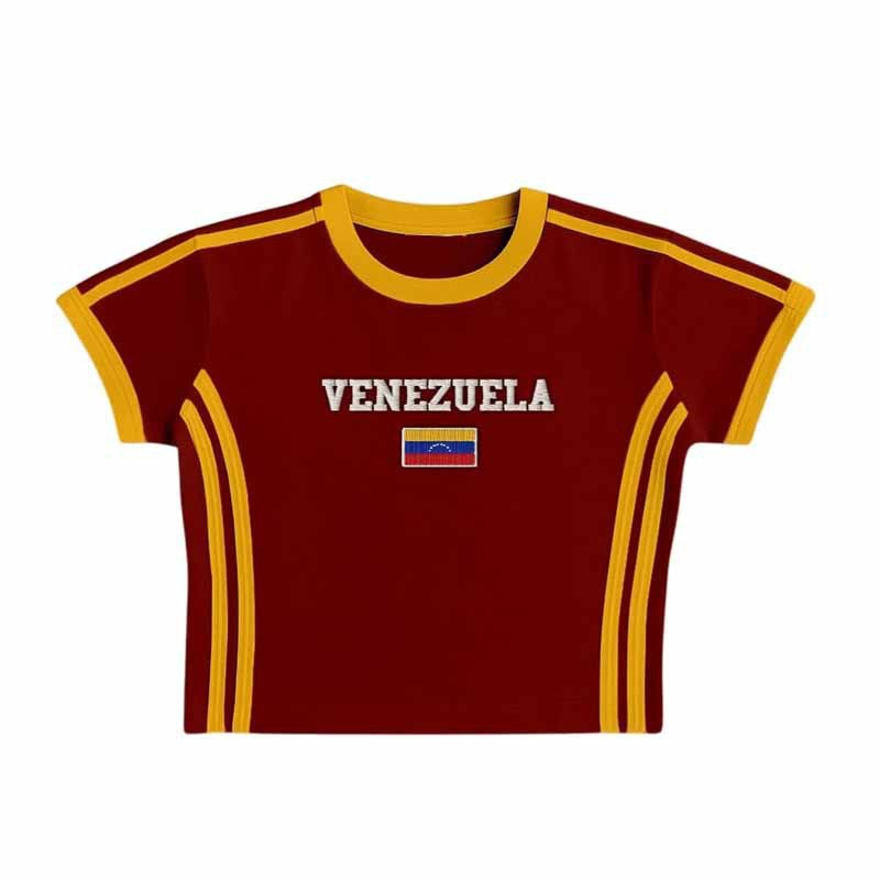 Unisex Retro Slim Fit Sporty Short Sleeve T-Shirt with Flag Motif