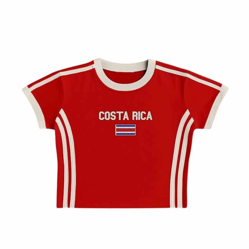 Unisex Retro Slim Fit Sporty Short Sleeve T-Shirt with Flag Motif