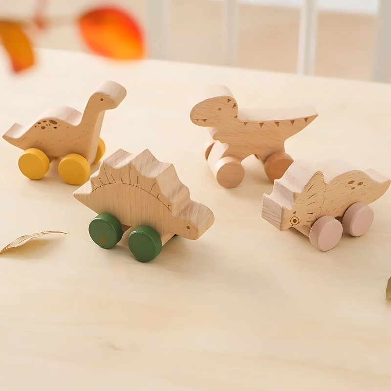 Unisex Wooden Dinosaur Roller Car Toy Set for Kids