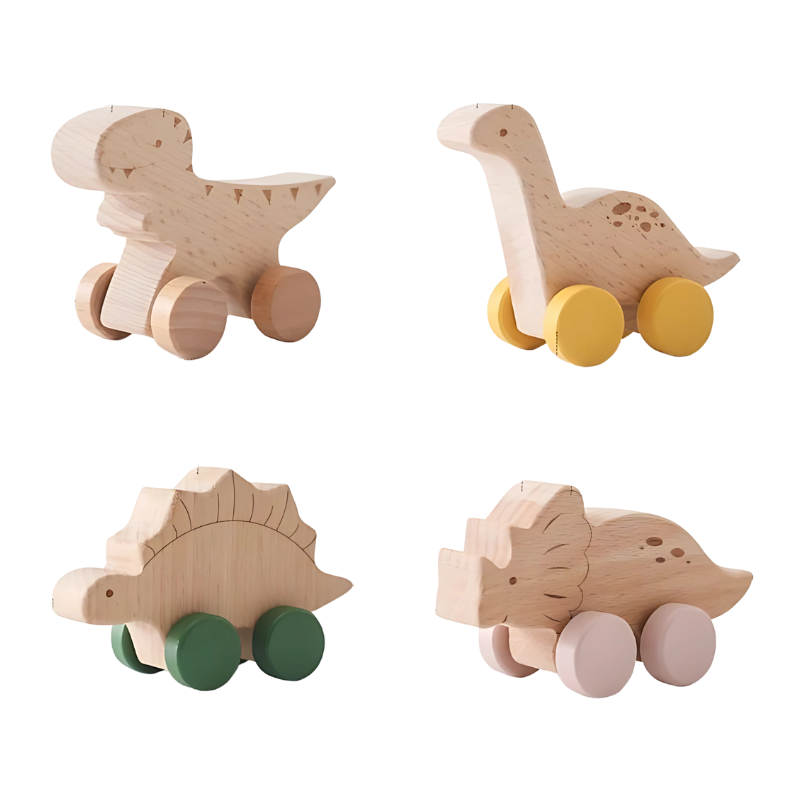 Unisex Wooden Dinosaur Roller Car Toy Set for Kids
