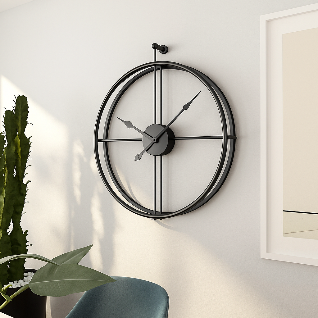 Vermilion Modern Wall Clock – Silent Quartz, Minimalist Design, 55/60 cm, Black/Gray