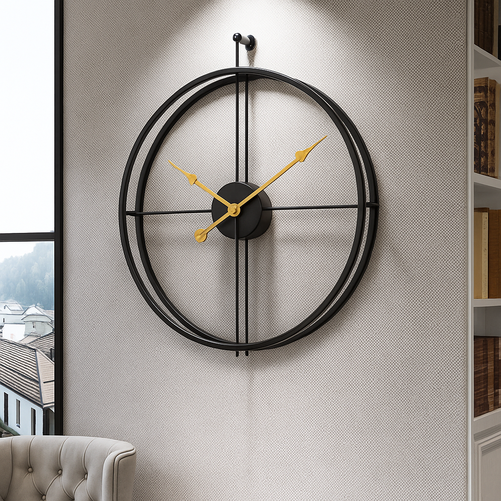 Vermilion Modern Wall Clock – Silent Quartz, Minimalist Design, 55/60 cm, Black/Gray