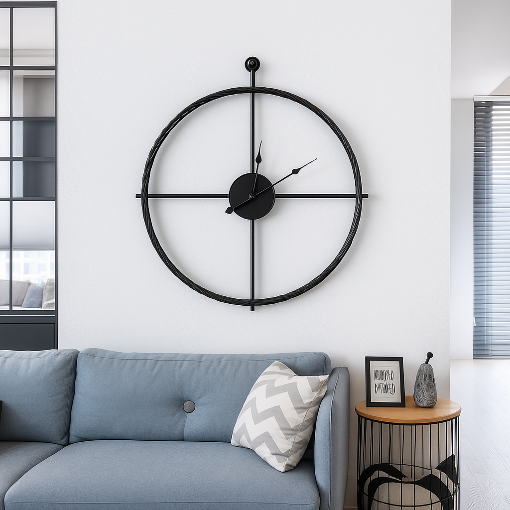 Vermilion Modern Wall Clock – Silent Quartz, Minimalist Design, 55/60 cm, Black/Gray