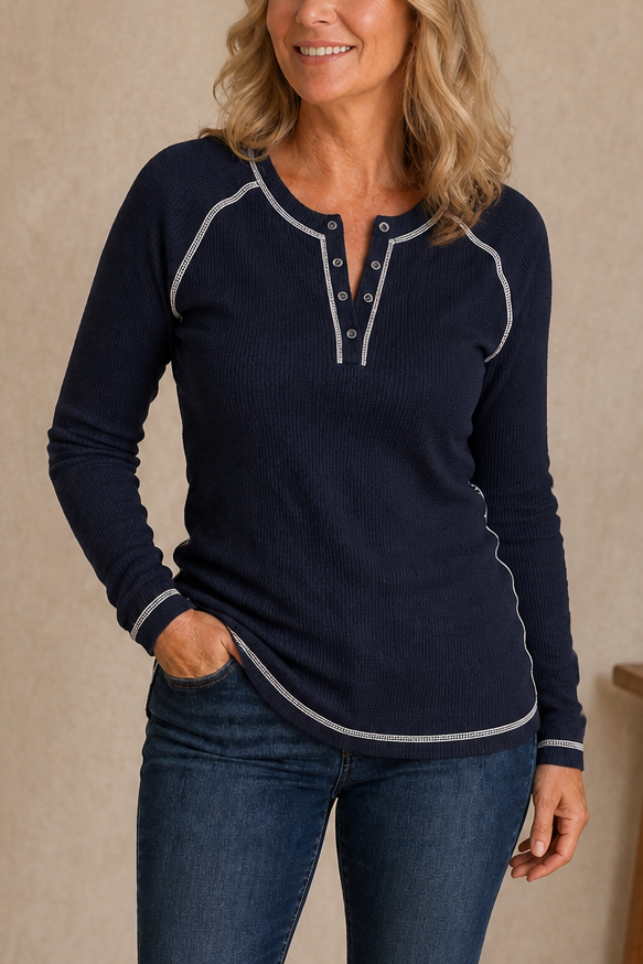 Waffle Knit Contrast Stitch Henley Top