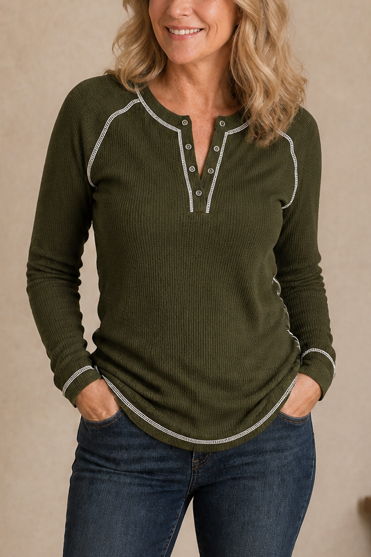 Waffle Knit Contrast Stitch Henley Top
