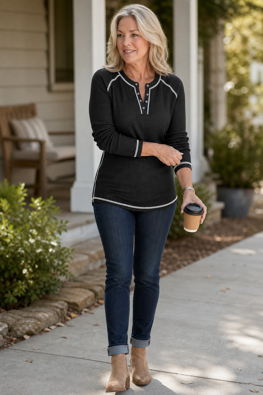 Waffle Knit Contrast Stitch Henley Top