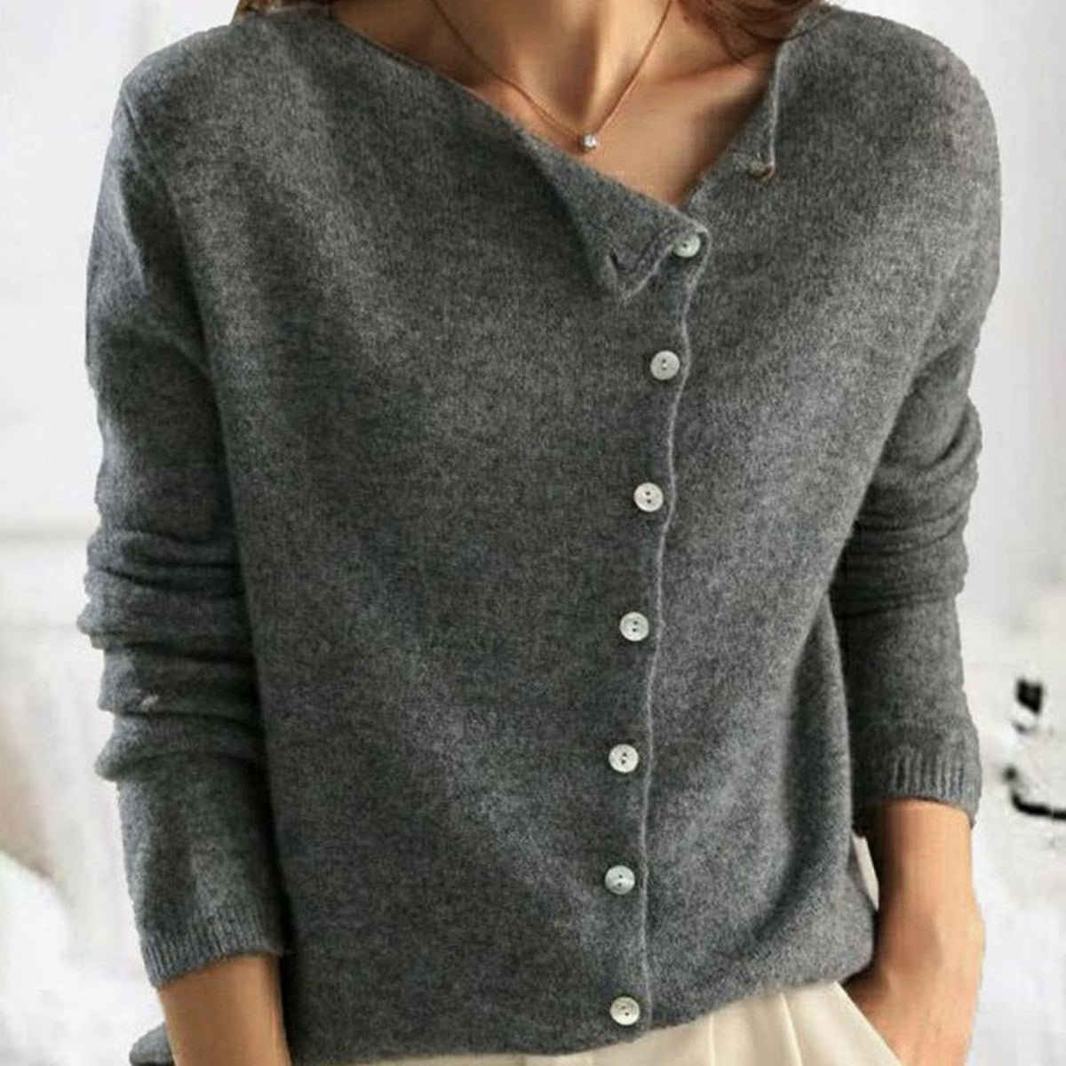 Women's Asymmetric V-Neck Long-Sleeve Button Cardigan Sweater