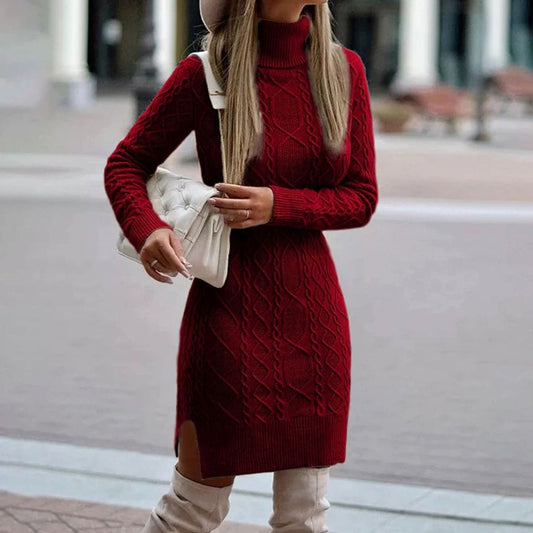Women's Cable Knit Long Sleeve Turtleneck Dress with Side Slit