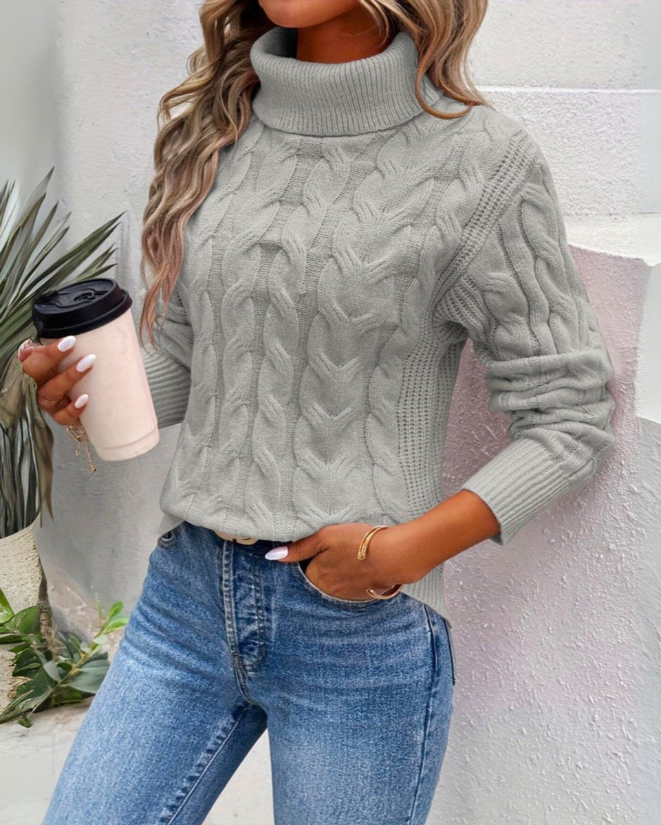 Women's Cable Knit Turtleneck Long-Sleeve Pullover Sweater