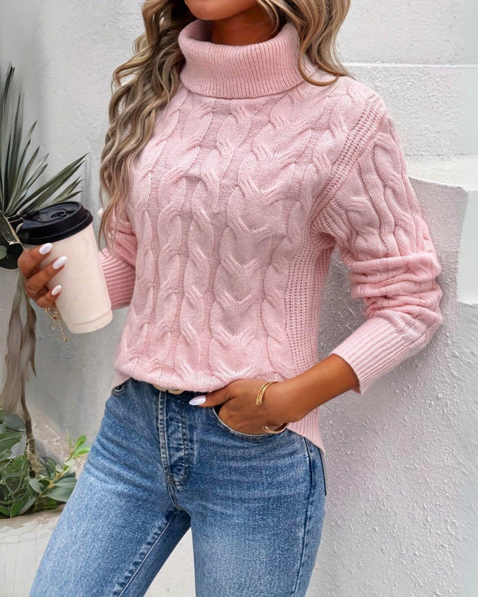 Women's Cable Knit Turtleneck Long-Sleeve Pullover Sweater