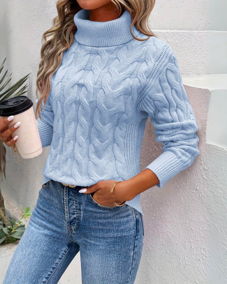 Women's Cable Knit Turtleneck Long-Sleeve Pullover Sweater