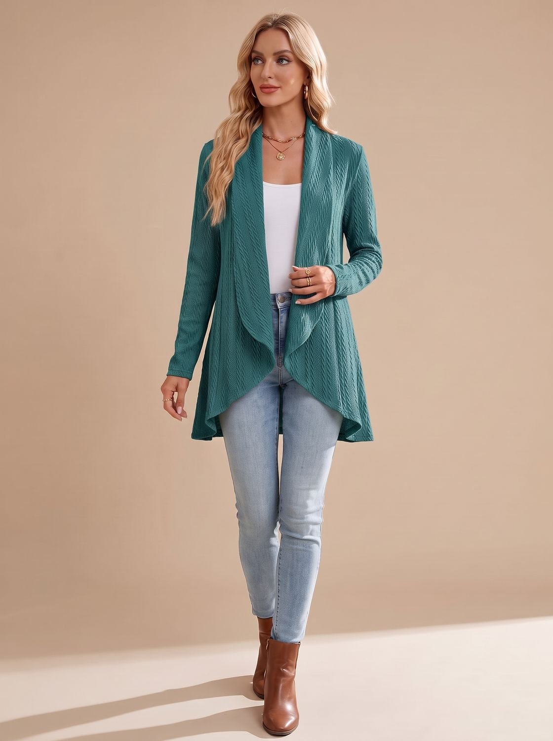 Women's Cable-Textured Open-Front Long-Sleeve Cardigan