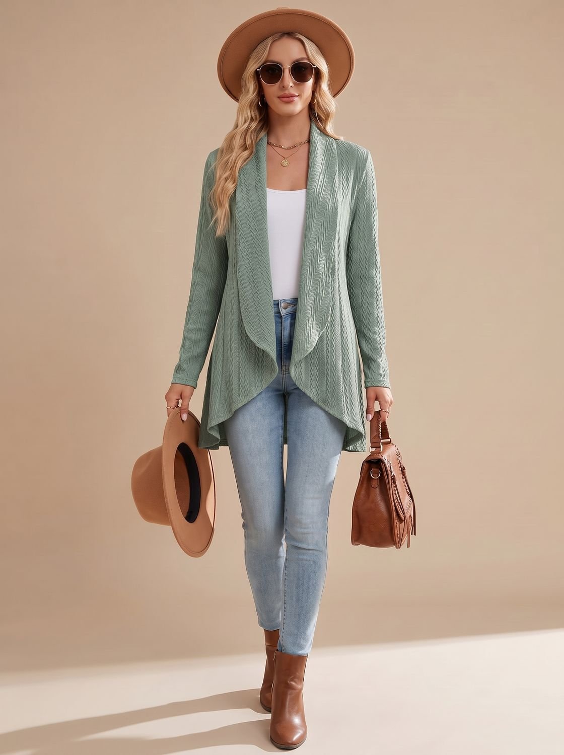Women's Cable-Textured Open-Front Long-Sleeve Cardigan