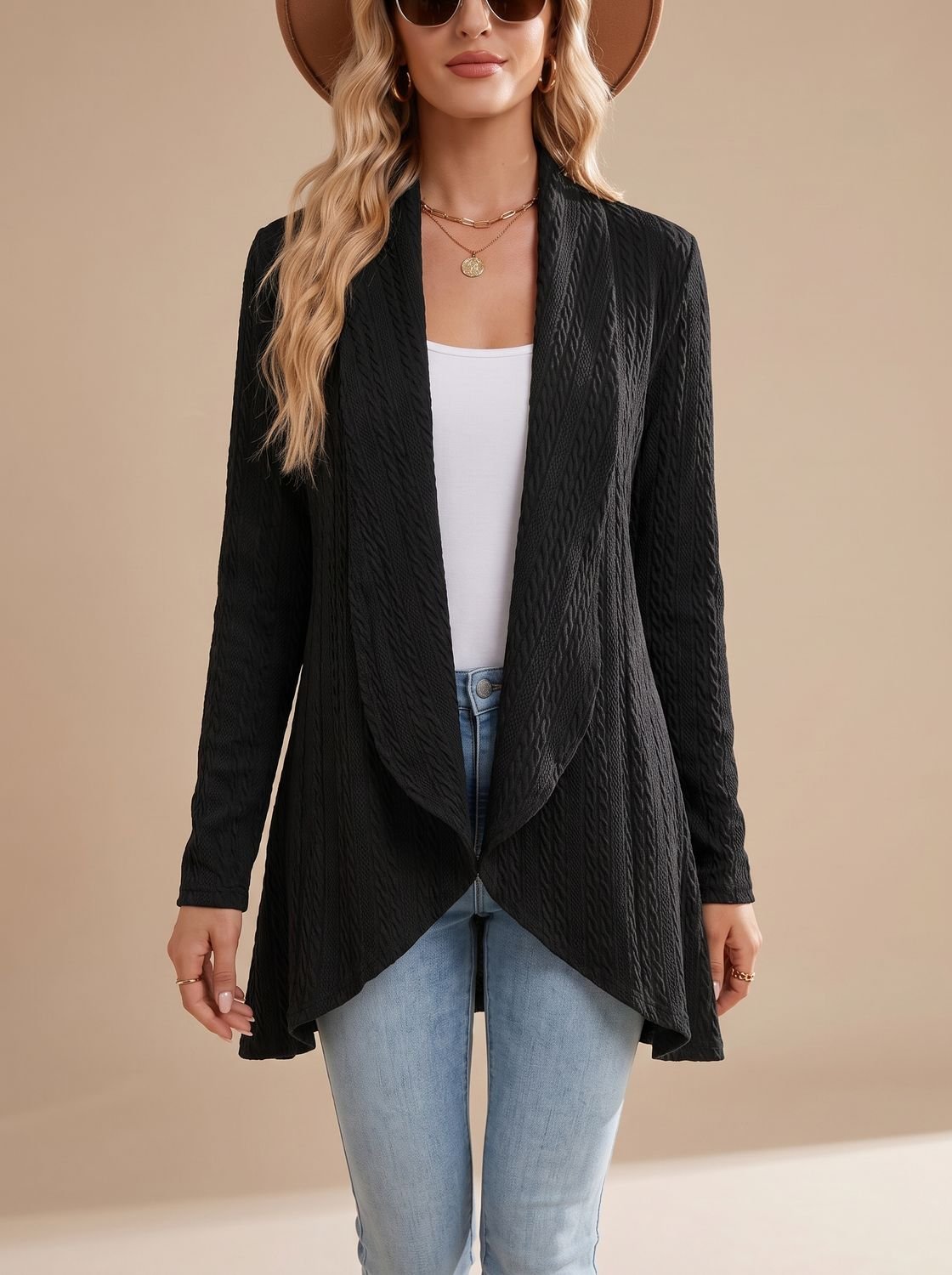 Women's Cable-Textured Open-Front Long-Sleeve Cardigan