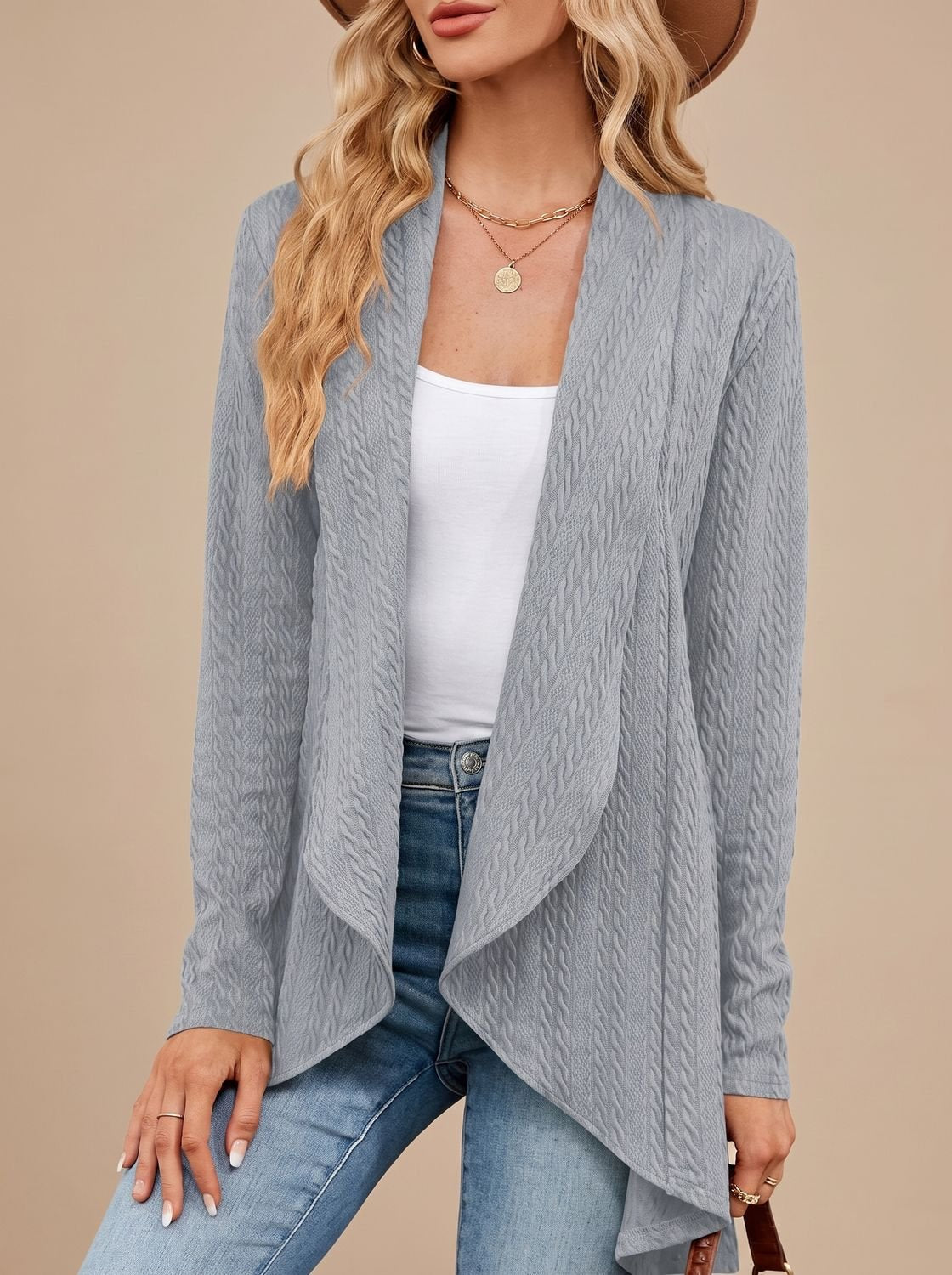 Women's Cable-Textured Open-Front Long-Sleeve Cardigan