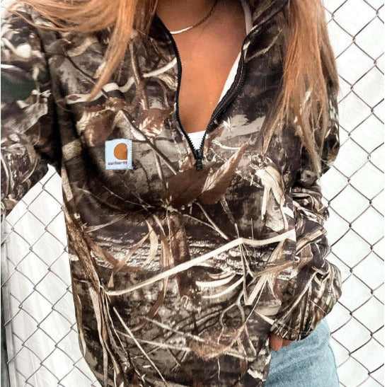 Women's Camouflage Half-Zip Fleece Hoodie with Kangaroo Pocket