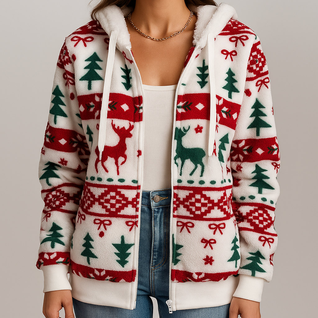 Women's Christmas Zip-Up Hooded Jacket with Festive Winter Print