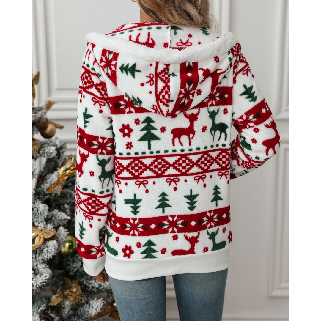 Women's Christmas Zip-Up Hooded Jacket with Festive Winter Print