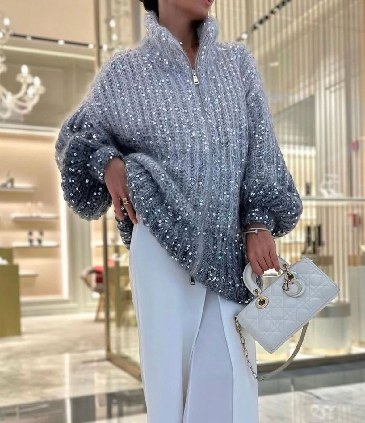 Women's Chunky Knit Sequin Zip-Collar Oversized Cardigan