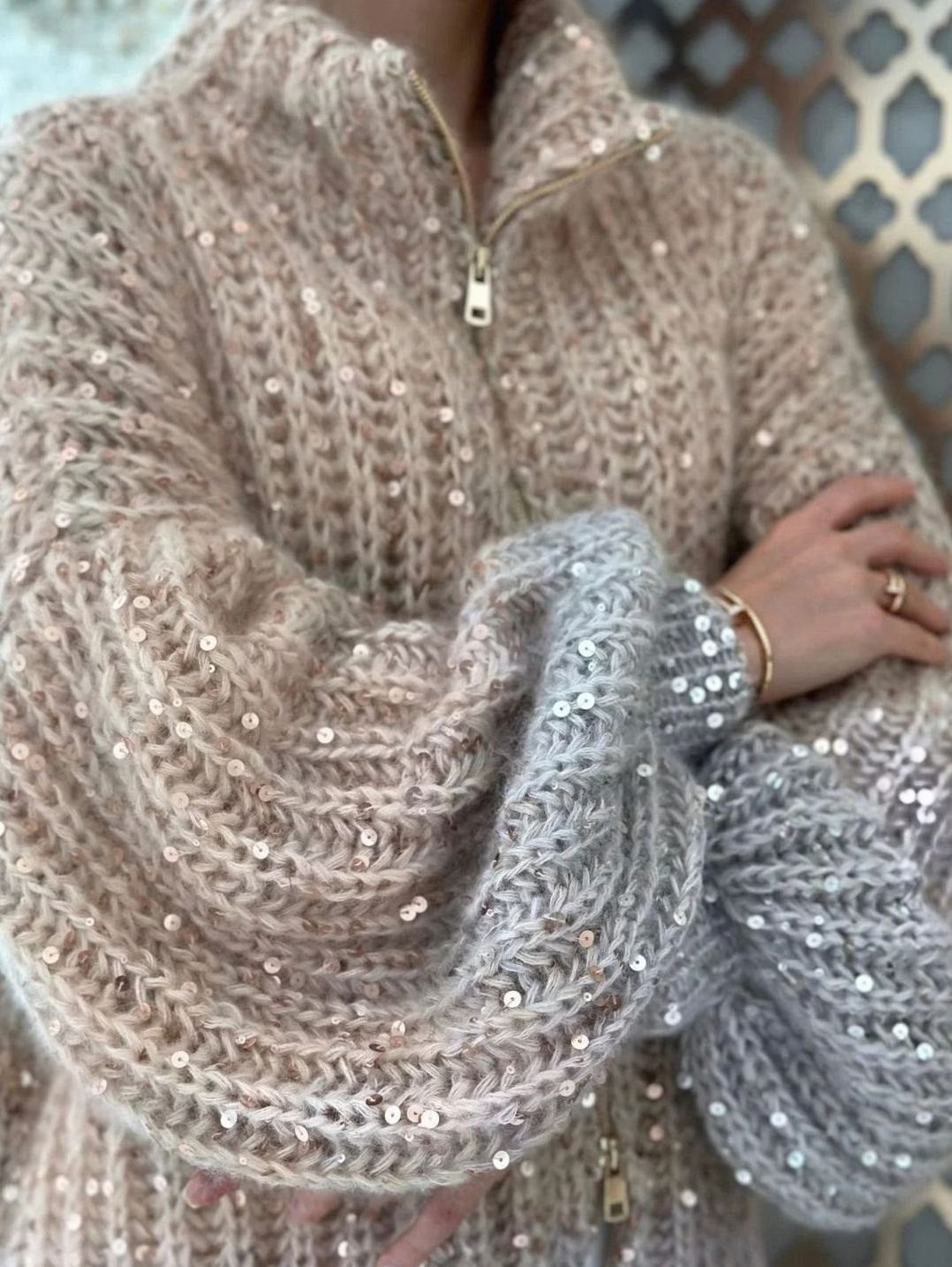 Women's Chunky Knit Sequin Zip-Collar Oversized Cardigan
