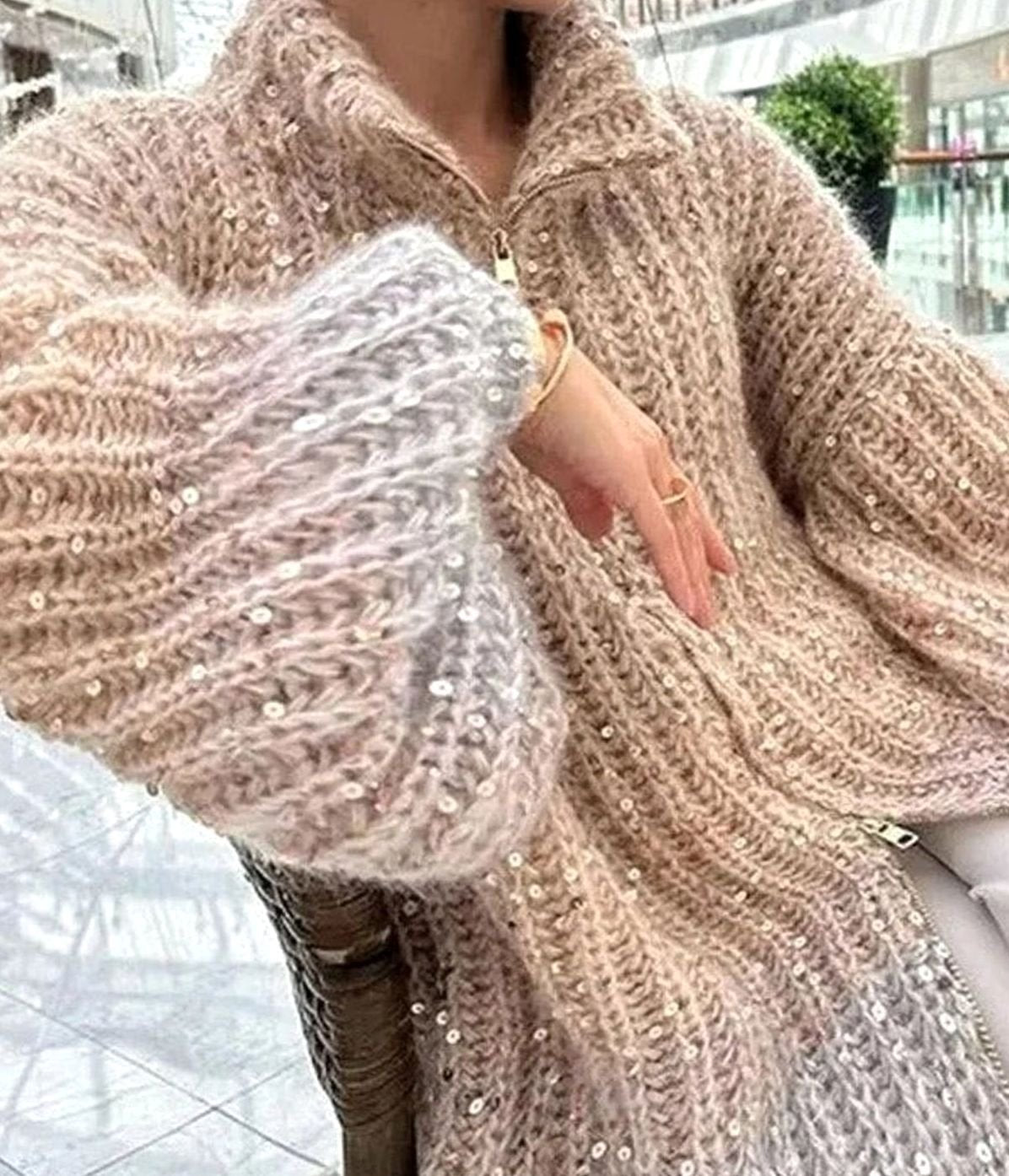Women's Chunky Knit Sequin Zip-Collar Oversized Cardigan