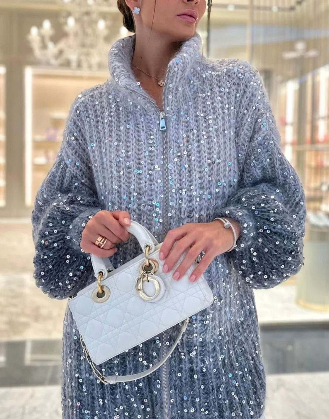 Women's Chunky Knit Sequin Zip-Collar Oversized Cardigan