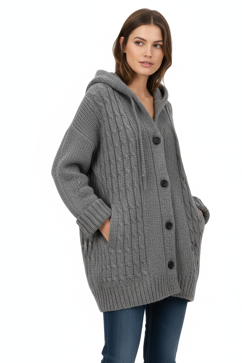 Women's Chunky-Knit Wool Blend Winter Coat Cardigan with Button Closure and Deep Pockets
