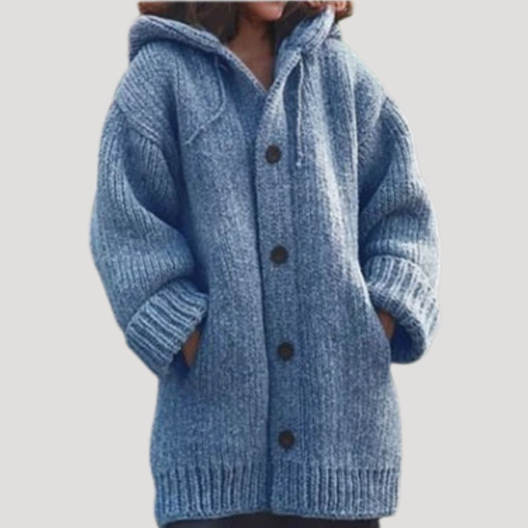 Women's Chunky-Knit Wool Blend Winter Coat Cardigan with Button Closure and Deep Pockets