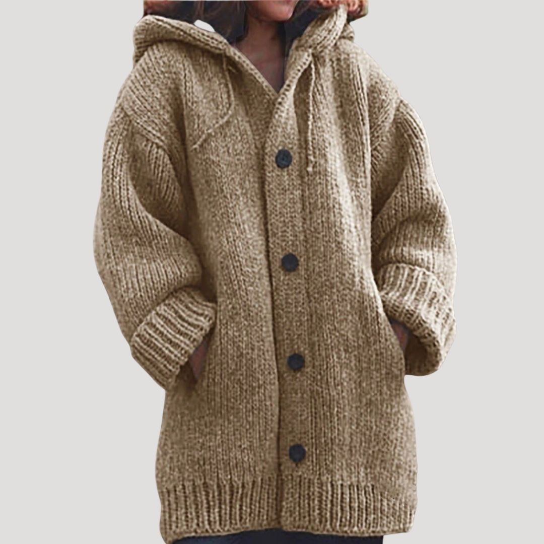 Women's Chunky-Knit Wool Blend Winter Coat Cardigan with Button Closure and Deep Pockets